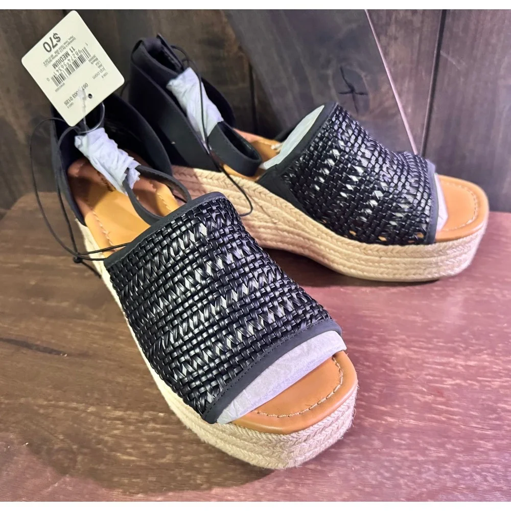 Boho Black Woven Espadrille Wedge Coastal Sandals Platform Ankle Strap Womens 11